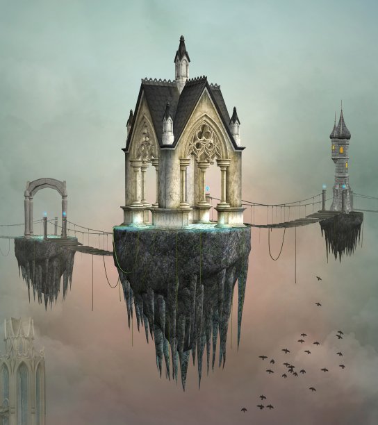 古庙漂浮在多云的天空中图片下载