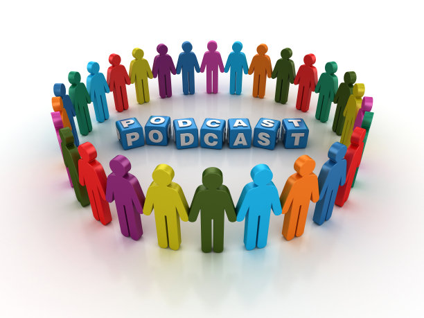 象形图团队与播客流行语立方体- 3D渲染图片下载