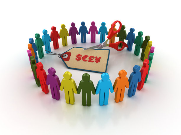 象形文字团队与货币符号，价格标签和剪刀- 3D渲染图片下载