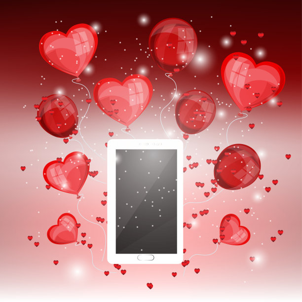 红色背景上有心形气球的智能手机，爱和数字情人节图片下载