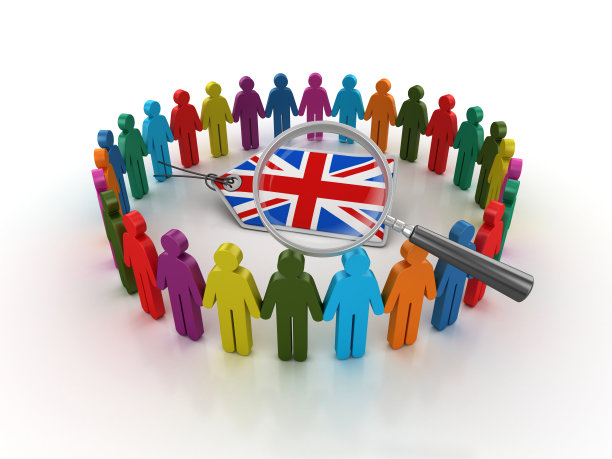 图形团队与英国国旗价格标签和放大镜- 3D渲染图片下载