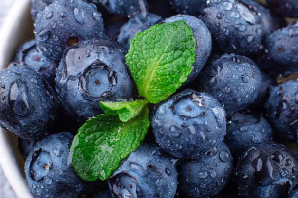 新鲜的、成熟的、多汁的蓝莓和水滴。贝瑞背景。薄荷的叶子。宏观照片图片下载