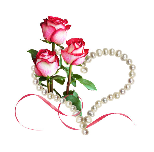 心形的淡水珍珠，丝带和粉红色的玫瑰花图片下载