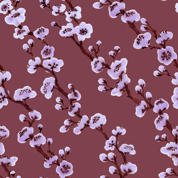 图案，纹理，手工笔刷。盛开的枝五月李树，樱花。墨水的图形图像。东方，中国，日本，韩国风格。彩色一套花在墨水。纺织品，墙纸，包装纸图片下载