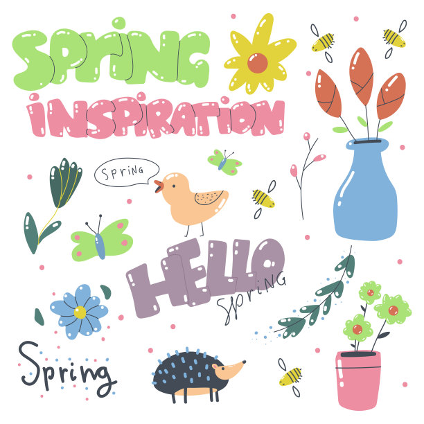 春季简单元素向量卡通涂鸦设置孤立的白色背景。图片下载
