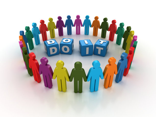 象形图团队与DO IT流行语立方体- 3D渲染图片下载