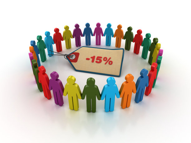 图形团队与-15%的价格标签- 3D渲染图片下载