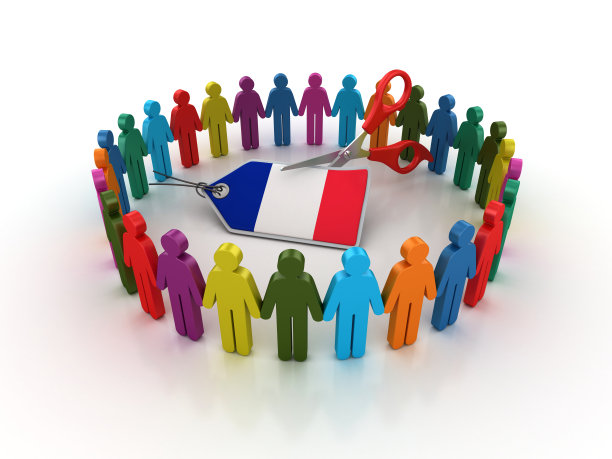 象形文字团队与法国国旗价格标签和剪刀- 3D渲染图片下载