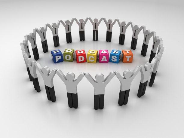 象形图团队与播客流行语立方体- 3D渲染图片下载