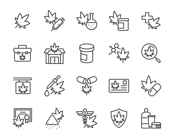 一套大麻图标，油提取，大麻治疗，药物图片下载