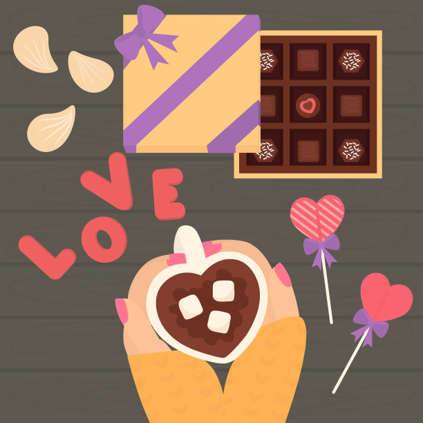 情人节的概念。2月14日。俯视图上有一张桌子，一杯咖啡，女人的手，一盒糖果。图片下载