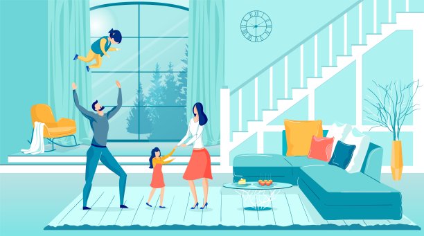 扁平风家庭在客厅休闲时光图片下载