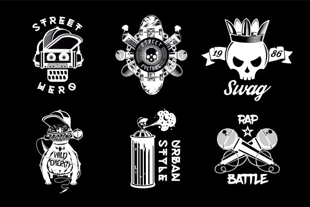 嘻哈复古图标集。黑白说唱唱片。复古风格矢量徽章包。街头文化输出。图片下载