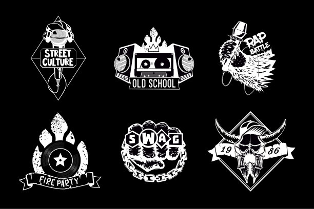 嘻哈复古图标集。黑白说唱唱片。复古风格矢量徽章包。街头文化输出。图片下载