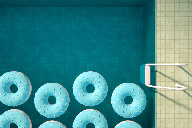 夏季概念与游泳池和甜甜圈，鸟瞰图图片下载