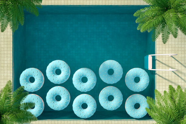 夏季概念与游泳池和甜甜圈，鸟瞰图图片下载