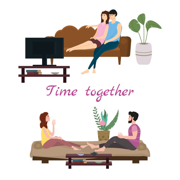 一组情侣在日常生活中相爱或每天例行场景的年轻浪漫的关系。花时间在一起或一起放松——喝茶或咖啡，吃东西，看电视。男性的女性角色。矢量插图平面卡通图片下载