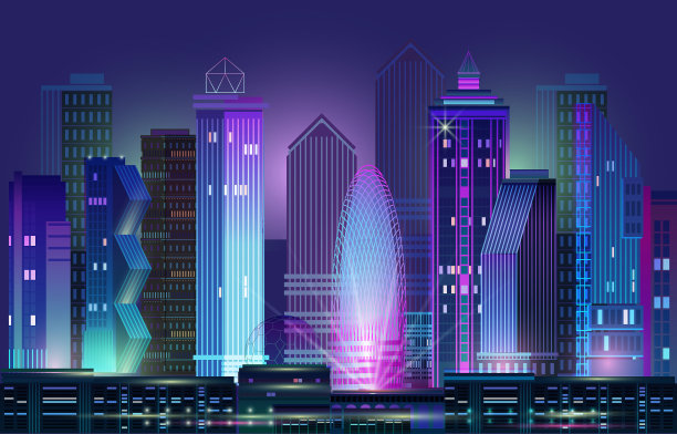 霓虹灯光下的城市夜景全景矢量图素材图片