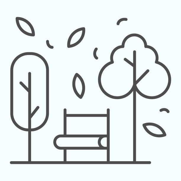 长凳和树细线图标。宽阔的椅子前面的植物和树叶公园。秋天季节矢量设计概念，轮廓风格象形图上的白色背景，用于web和应用程序。Eps 10。图片下载