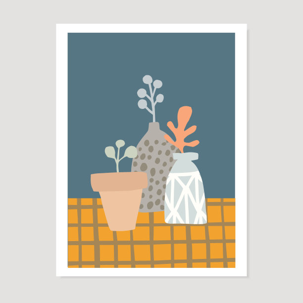 手绘花盆和花瓶。方格桌布的背景。现代涂鸦花卉矢量插图，海报。春季海报，夏季海报，剪裁设计。斯堪的纳维亚式室内装潢。向量。图片下载