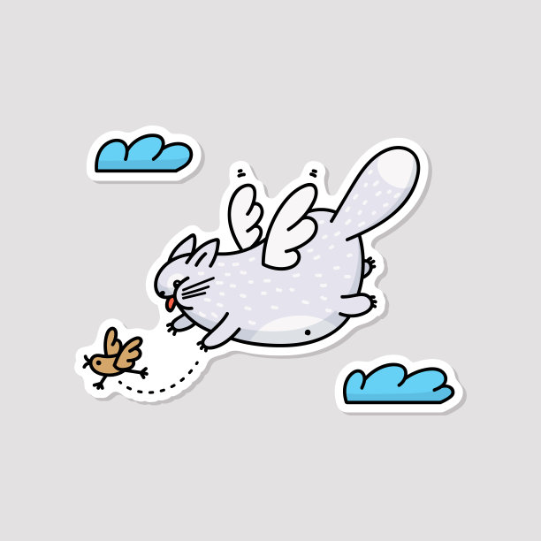 搞笑肥猫飞捉鸟，素描卡通矢量插图孤立。图片下载