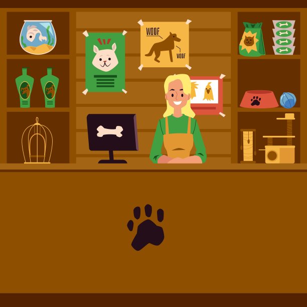 宠物店与卖家和柜台与宠物护理产品，平面矢量插图。图片下载