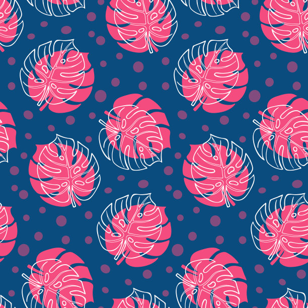 手绘抽象无缝图案与粉红色和白色的怪物叶子。奇异的热带叶子孤立在蓝色的背景下。可爱的模板，卡片，织物，包装纸。矢量图图片下载