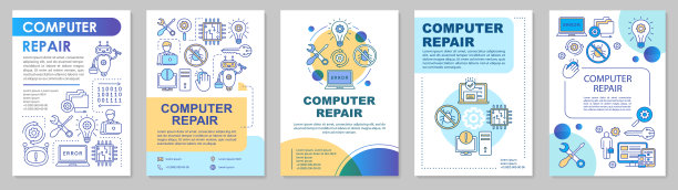 电脑维修手册模板布局。重新安装操作系统。传单，小册子，单张印刷设计与线性插图。矢量页面布局的年度报告，广告海报图片下载