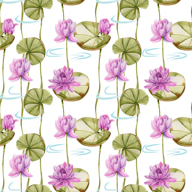 水彩粉红莲花无缝图案，手绘在白色背景上素材图片