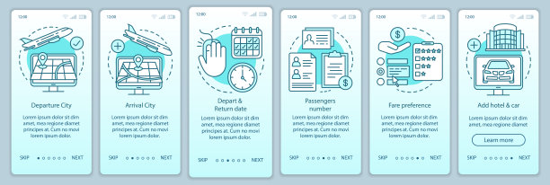 旅行计划蓝绿色登陆手机应用页面屏幕矢量模板。酒店、租车、机场。用线性插图演练网站步骤。UX, UI, GUI智能手机界面概念图片下载