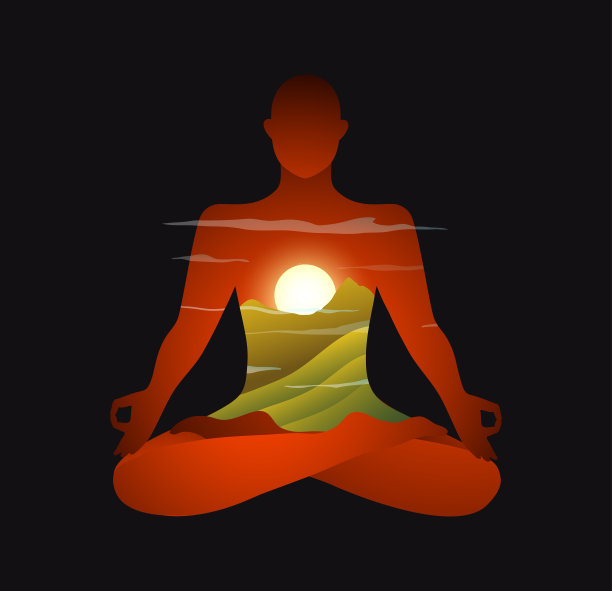 瑜珈男人或女人在山的莲花姿势的剪影自然日出或日落在黑色的背景。图片下载