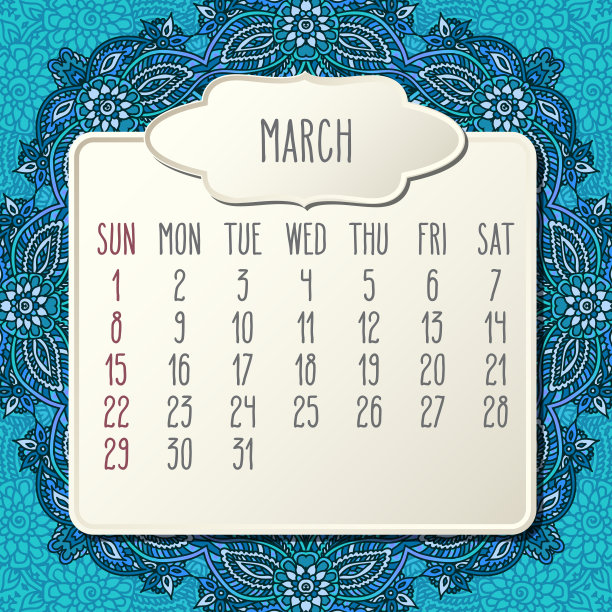 2020年3月月画框和花卉涂鸦背景日历图片下载