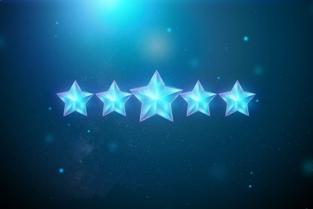 5颗蓝色星星上一个蓝色背景，赋一个新的评级，服务评级，一个新的水平，经营理念。混合介质。3d插图，3d渲染。图片下载