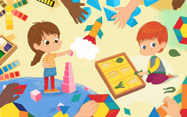 孩子们在蒙台梭利课堂上进行感官活动。黑头发的女孩站起来，用粉红色的方块搭起粉红色的塔。男孩做叶橱。蒙特梭利材料的概念。插图海报，横幅，网站，传单，广告。图片下载