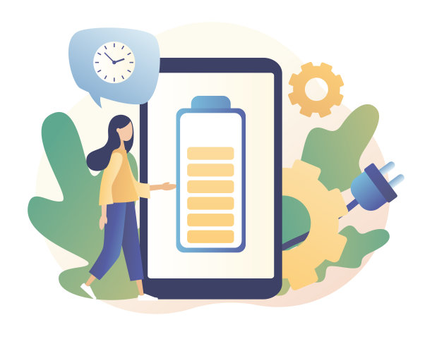 电池充电。小用户，电池性能和长寿命电池。能源电源维护。现代平面卡通风格。矢量插图上的白色背景图片下载