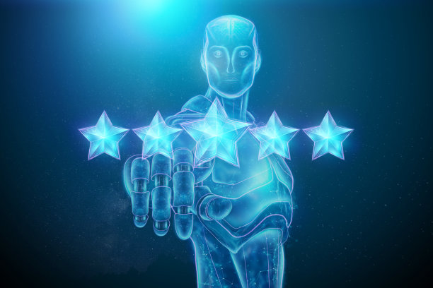 机器人把5颗星放在一个蓝色的背景上，分配一个新的评级，评级服务，一个新的级别，商业概念。混合介质。3d插图，3d渲染。图片下载