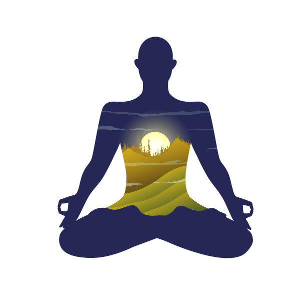和尚练习莲花瑜伽的剪影姿势，早晨明亮的太阳在心轮和山景观。图片下载