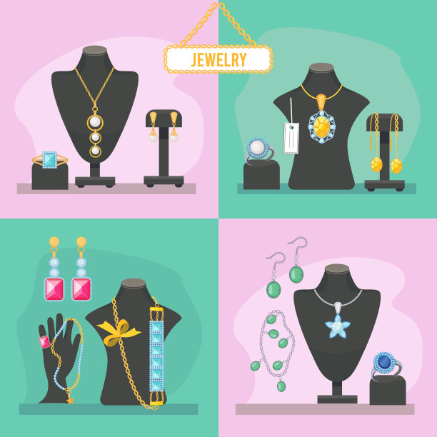 珠宝商店。美丽的项目为女人昂贵的宝石钻石手镯，珍贵的吊坠魅力新娘配件矢量图片图片下载