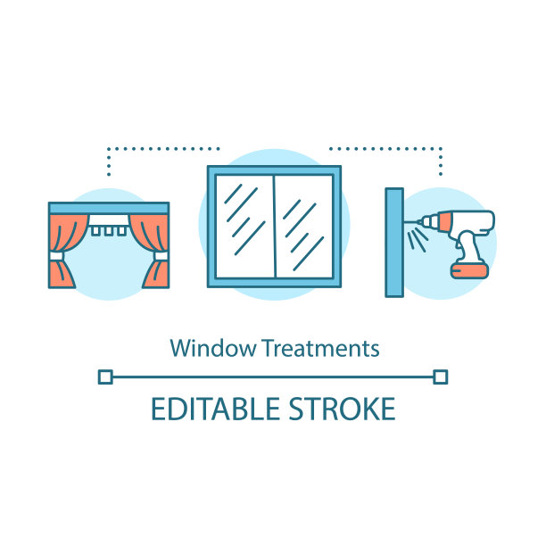 窗口处理概念图标。家服务。维修、保养及装饰窗户。窗帘装置构思细线插图。矢量孤立轮廓绘制。可编辑的中风图片下载
