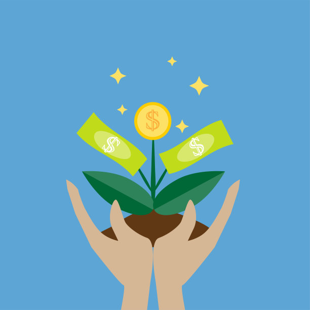 金钱树在手上的矢量图标上的蓝色背景。金钱树概念为金钱树成长、赚钱、投资、盈利、理财的概念。矢量插图。图片下载