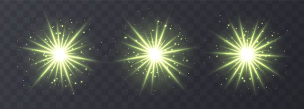 光焰设置在透明背景上孤立。绿色镜头光晕，散景，闪光，闪亮的星星集合。图片下载