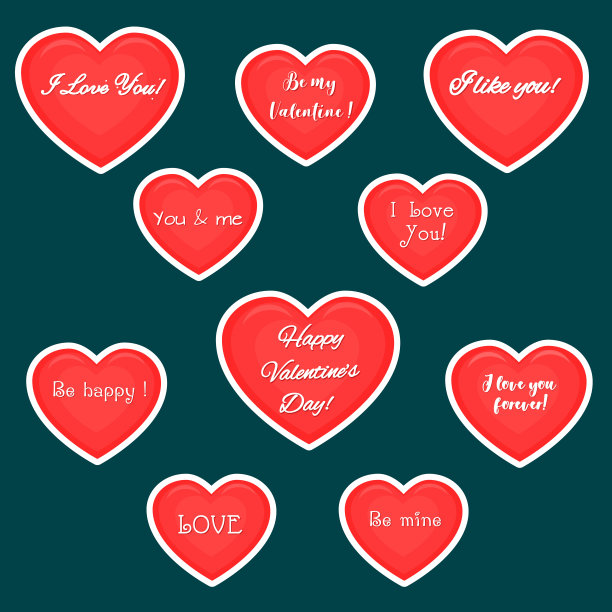 矢量十红心贴纸在白色笔画与文字关于爱，孤立在黑暗的背景。情人节或婚礼为您设计。平的风格图片下载