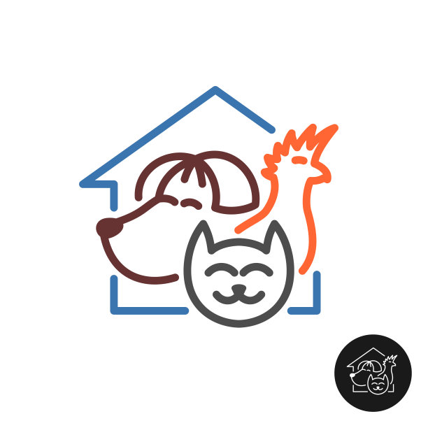 宠物旅馆的标志。在房子里和动物交朋友。狗，猫和鹦鹉的符号。可调笔划宽度。图片下载