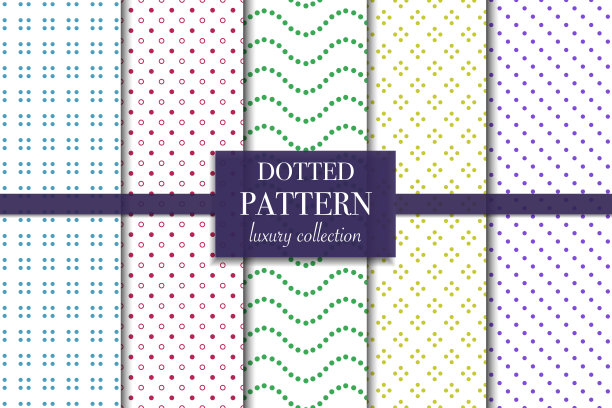 一组5抽象背景纹理。彩色圆点无缝图案。最小的圆点风格矢量插图墙纸，传单，封面，设计，打印，背景。重复圆形几何点缀、装饰元素图片下载