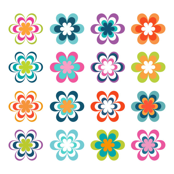 一套扁平的花图标孤立在白色的背景。可爱的插图在明亮的颜色贴纸，标签，标签，剪贴簿。图片下载