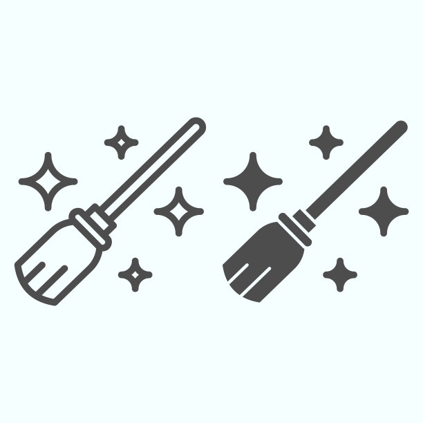 魔法扫帚线和固体图标。巫师和女巫园艺飞行工具在天空与星星。万圣节矢量设计概念，轮廓风格的象形图上的白色背景，用于web和应用程序。图片下载