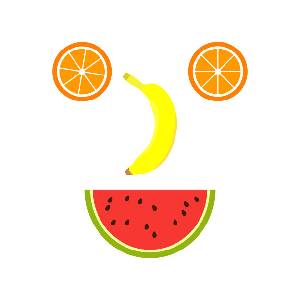 微笑水果的脸。橘子，香蕉，西瓜，快乐水果集。图片下载