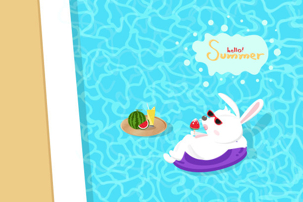 暑假，游泳池兔卡通，季节假期，放松时间矢量插图图片下载