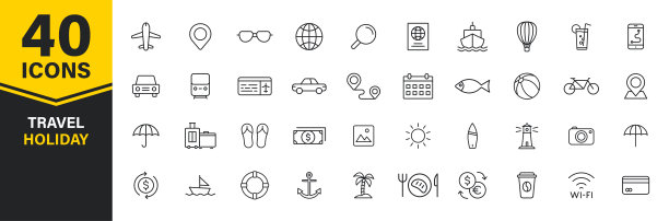一套40旅游和假日网页图标在线条风格。交通、行李、食品、航海、度假。矢量插图。图片下载