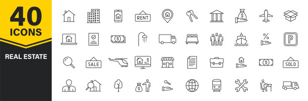 一套40房地产网站图标在线条风格。租金，建筑，代理，房子，拍卖，房地产经纪人。矢量插图。图片下载